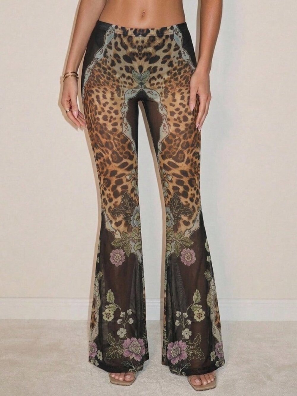 Brown Casual Women's Leopard Print Flared Leg Pants